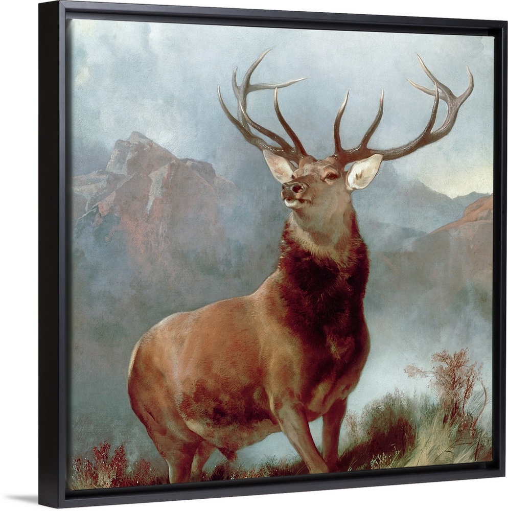 A square, landscape painting of a majestic stag posing in the mountains.