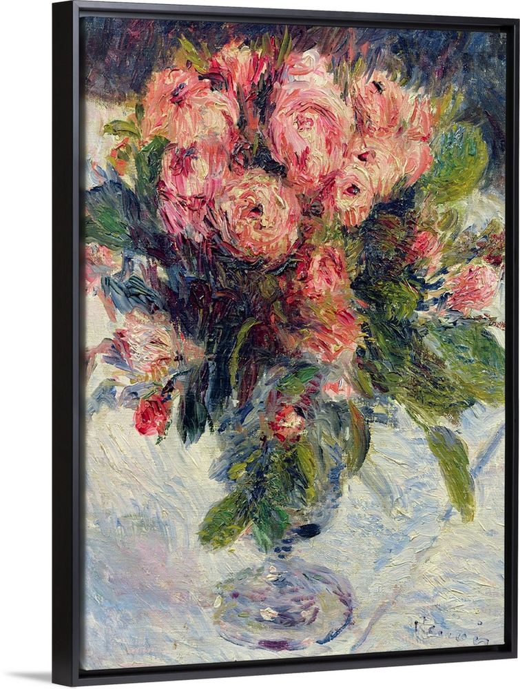 Traditional painting of pastel colored flower bouquet in vase that is sitting on table.