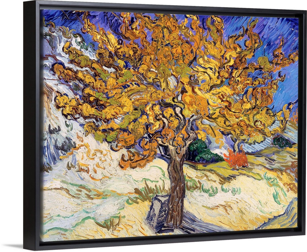 Writhing brush strokes depict the leaves and tree branches in this lively Impressionist landscape.