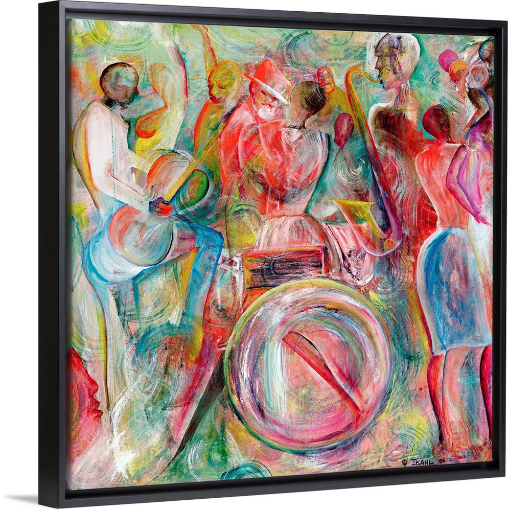 This contemporary art is an abstracting painting of African-American musicians playing jazz instruments in a crowd.