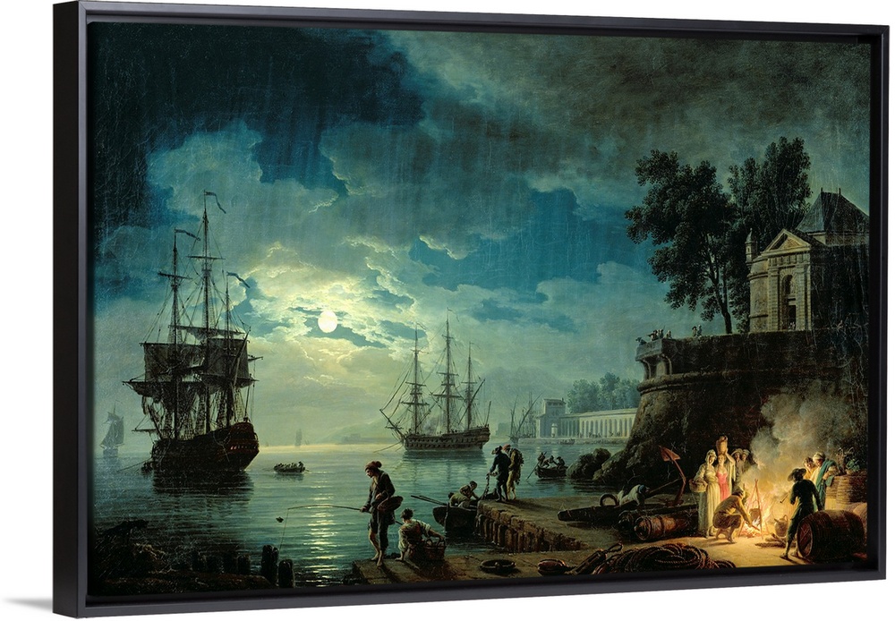 Oil painting of ships coming into a port at night with the ocean illuminated in moon light and people burning a fire on th...