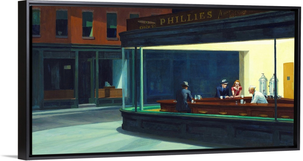Painting of a view from outside of two men and a woman sitting inside at a diner bar drinking coffee on a New York street ...