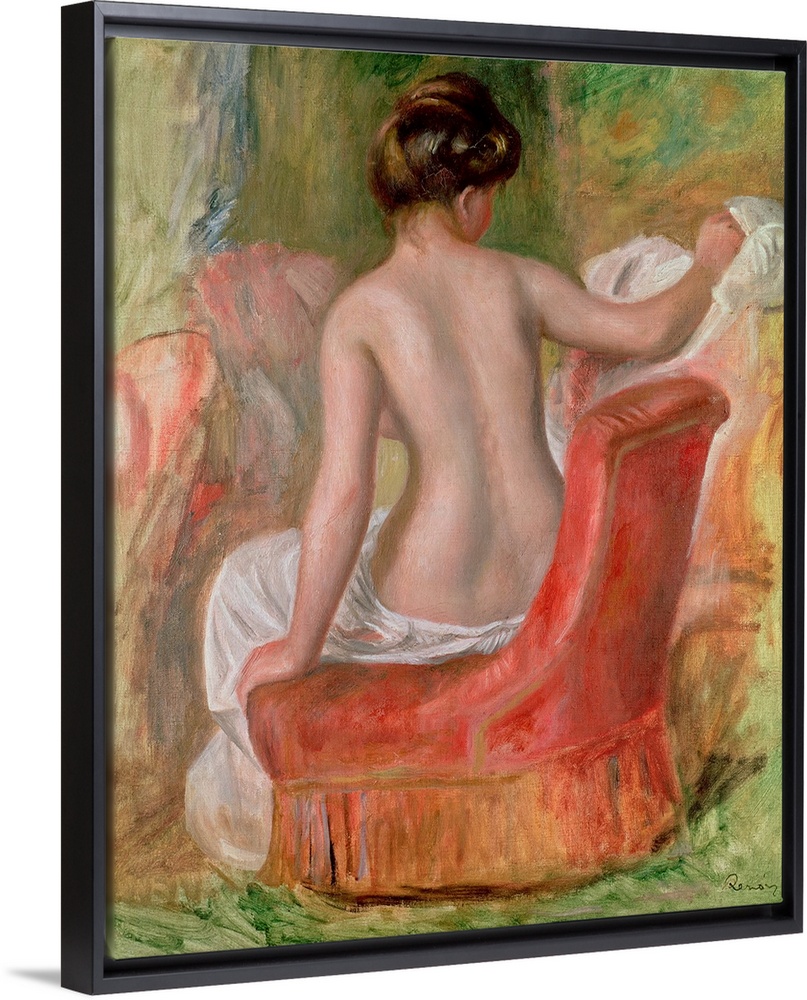 Vertical, classic painting of  the back of a woman, nude from the waist up, sitting on a chair.