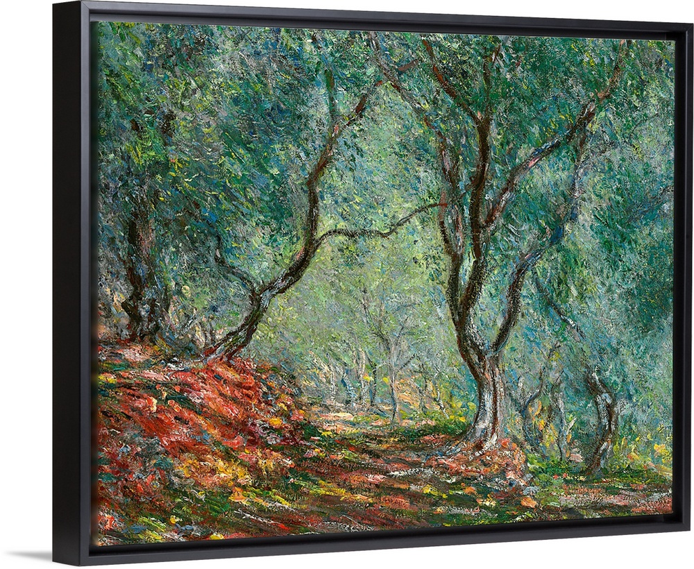 Giant classic art depicts a colorful path traveling down a forest littered with trees as far as the eye can see.
