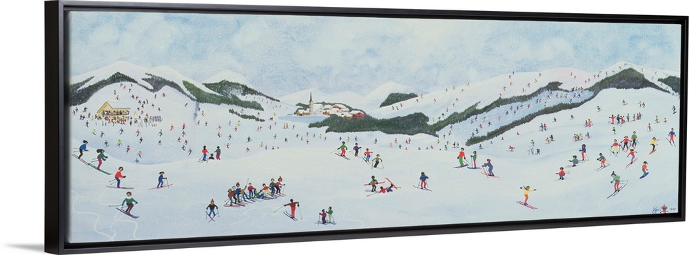 Contemporary painting of people enjoying  the snow in a hilly landscape.