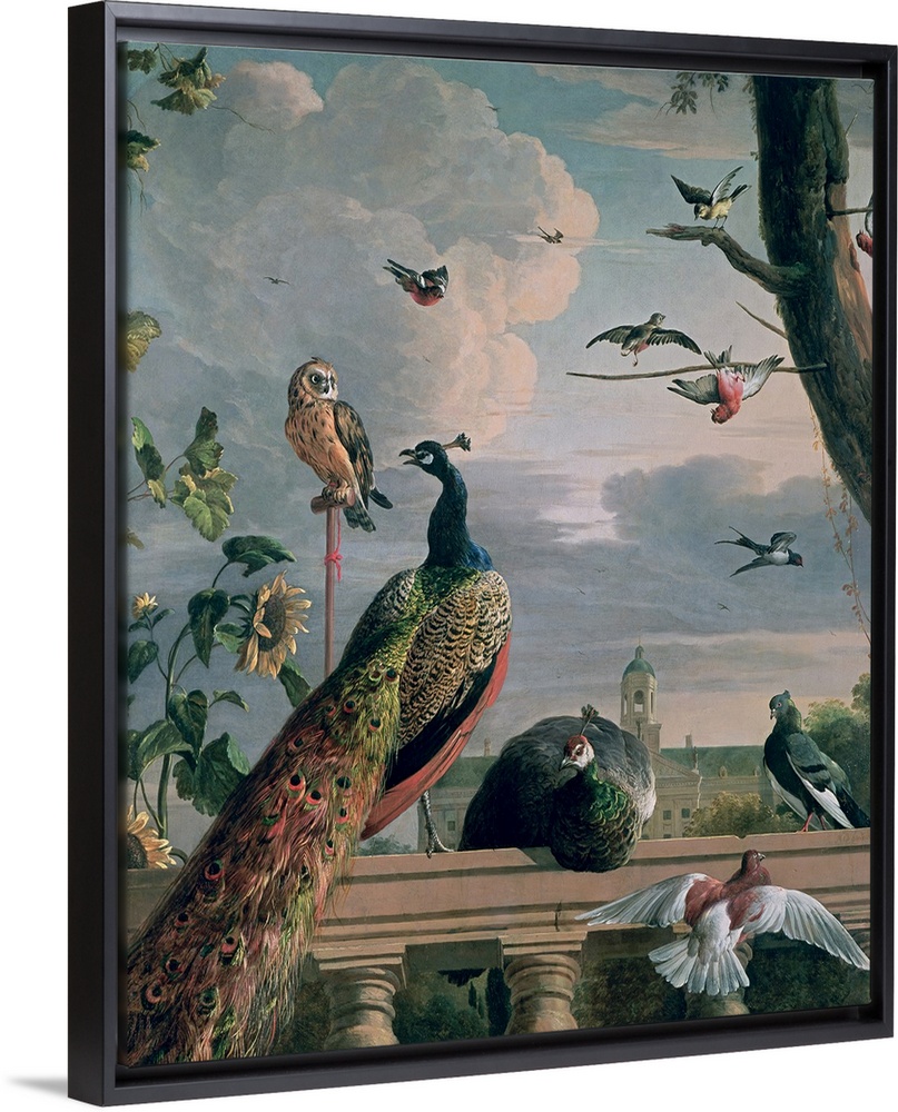 This is a vertical painting of a 17th century outdoor menagerie of birds gathering on a porch railing and in a near by tree.