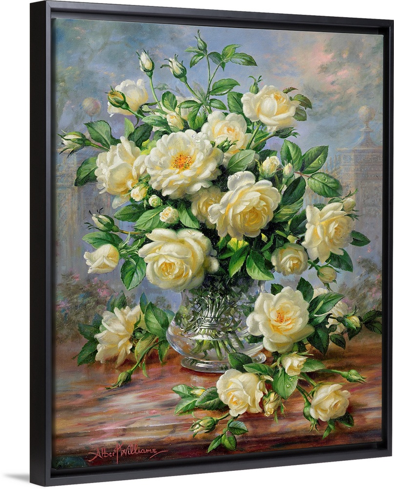 Large floral art portrays an arrangement of flowers as they sit within and around a glass container that stands on a woode...