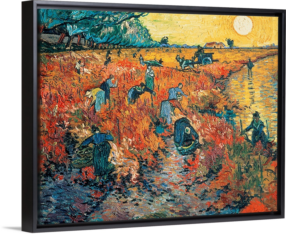 Impressionist painting of farm workers harvesting grapes in the late afternoon