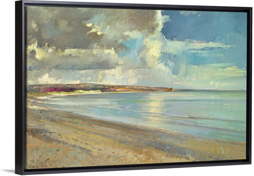 A contemporary, realistic landscape painting of a sandy beach on a partially cloud day.