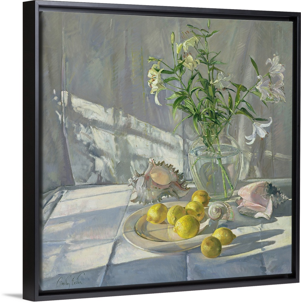 Square oil painting of flowers in a vase with sea shells scattered around and lemons on a plate.