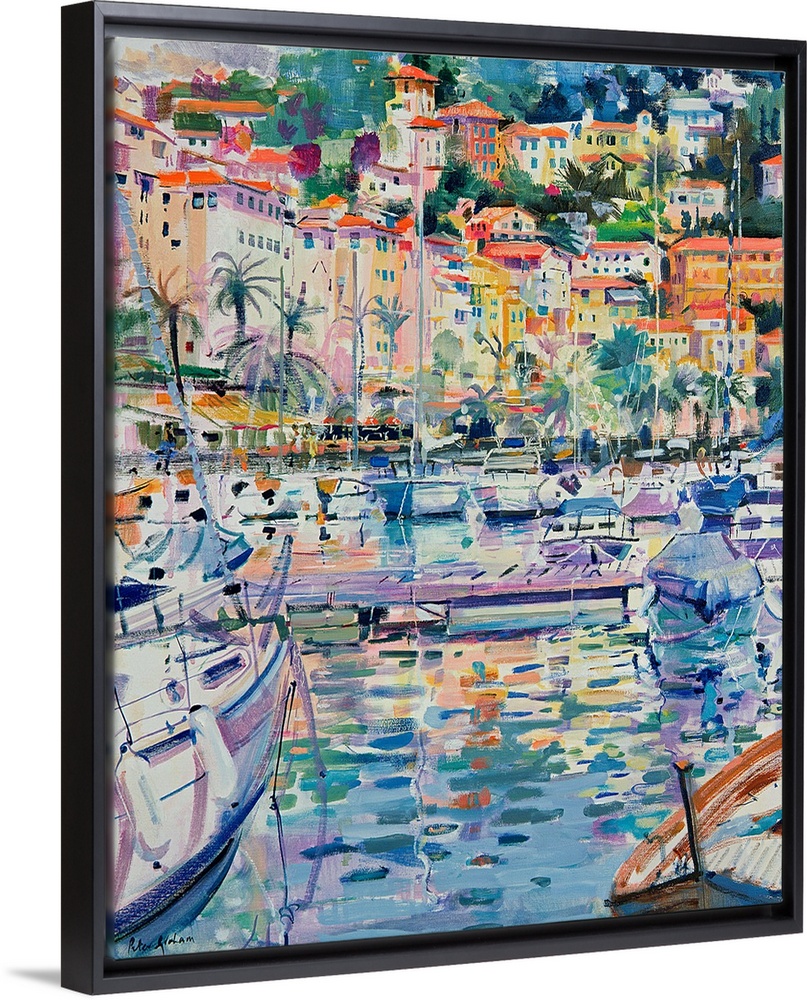 Colorful contemporary oil painting of a Mediterranean harbor filled with sailboats with city in the distance.