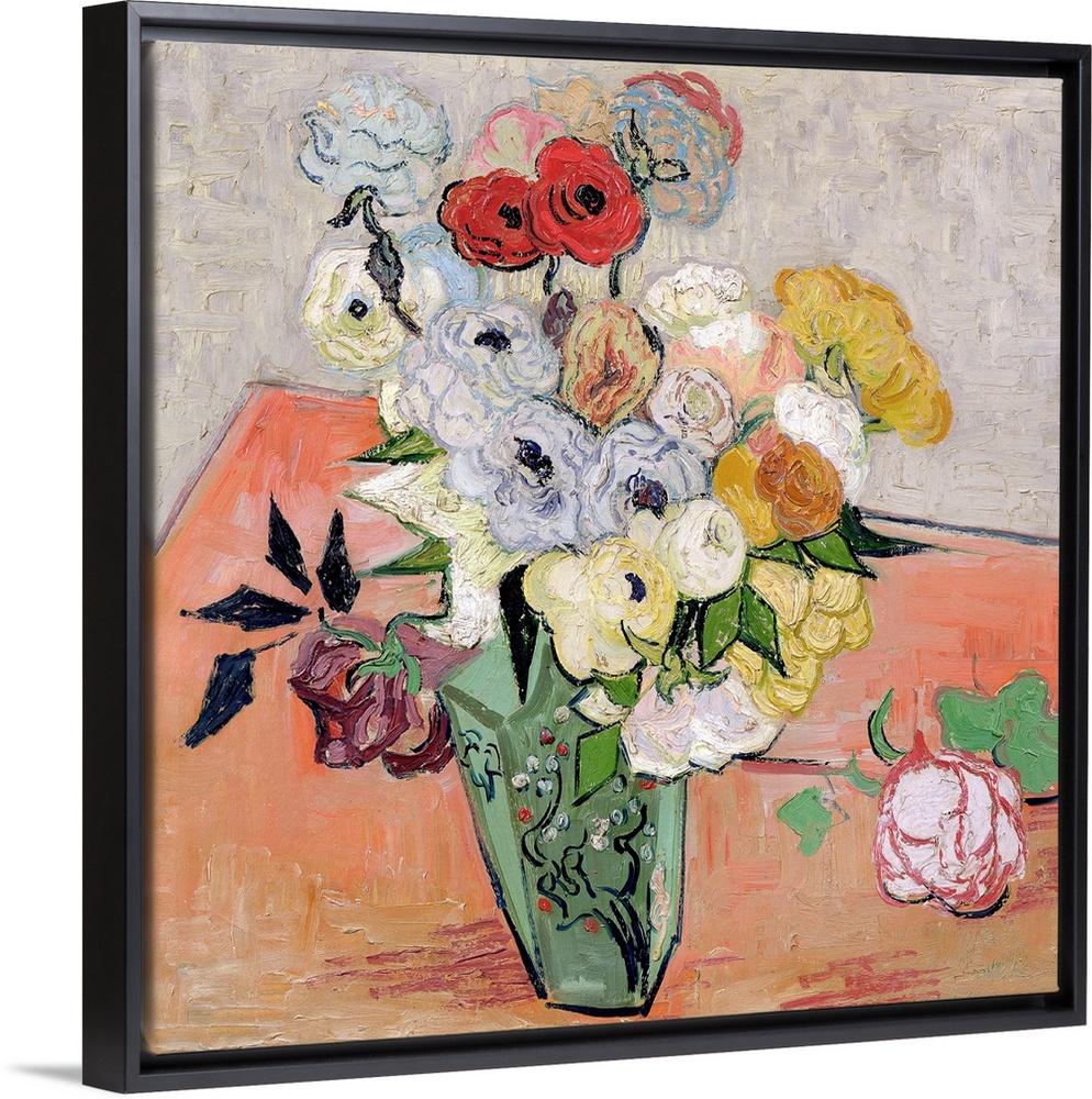 Big classic art depicts an arrangement of flowers within a decorated vase sitting on a table.