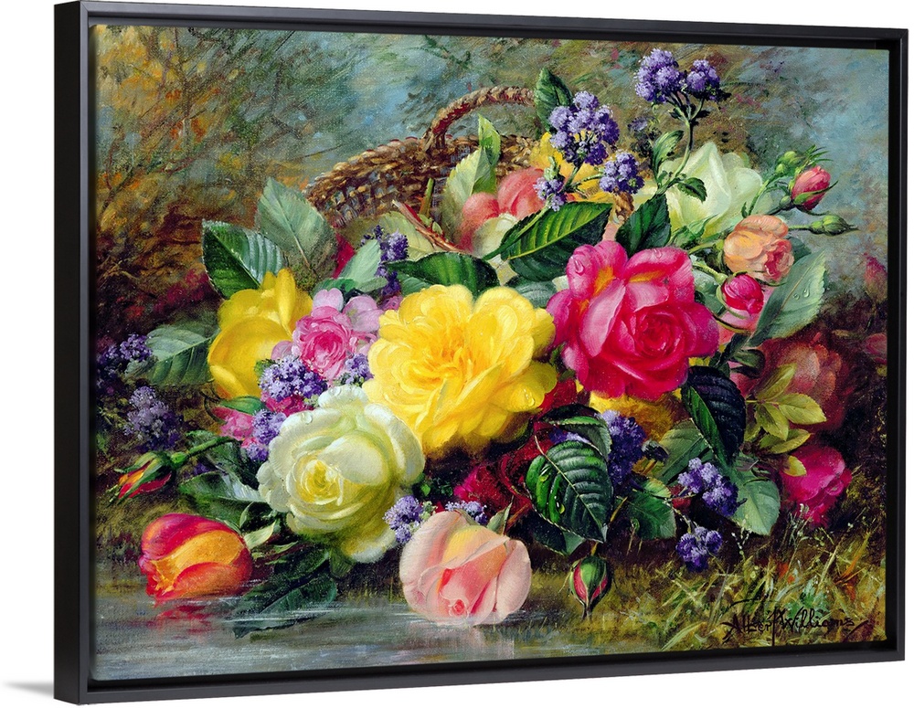 Huge floral art shows a large arrangement of brightly colored flowers as they have fallen out of a basket and sit at the e...