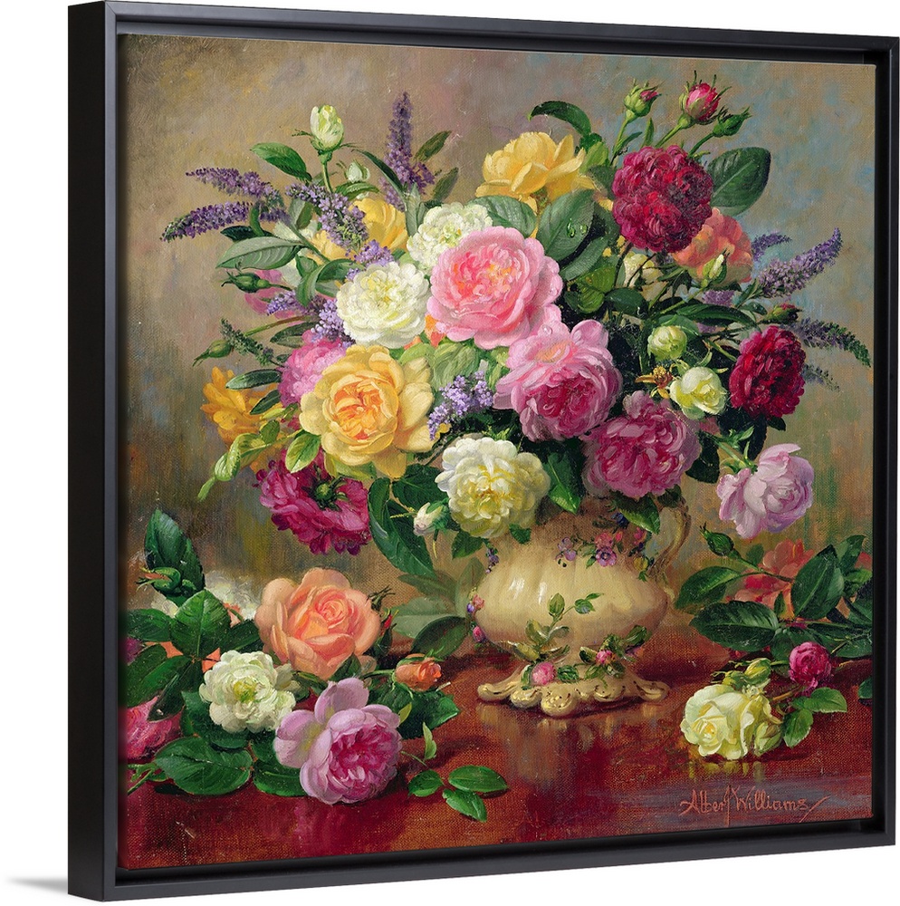 Huge floral painting shows an arrangement of various colorful roses from a garden sitting in a vase and spread out on a ta...