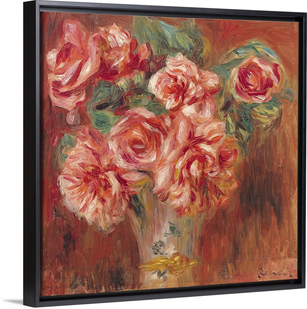 Giant, landscape, classic floral painting of large, full roses and leaves in a vase, on a  warm background.