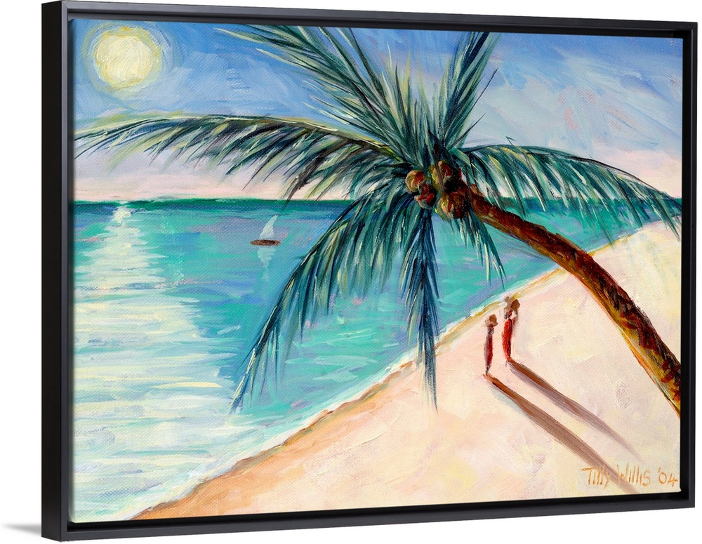 Contemporary painting of a tropical beach scene with figures and sail boat watching the sun setting.