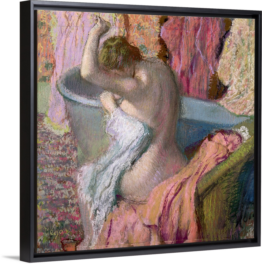 This large artwork piece shows a woman sitting in a chair next to her bathtub drying off. Many different colors and painti...