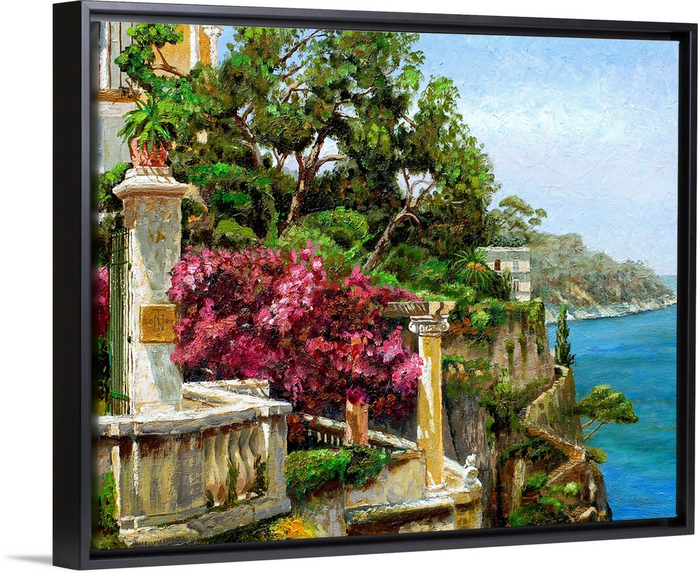 This horizontal wall art is a landscape painting with attention to light and details in this timeless Mediterranean costal...