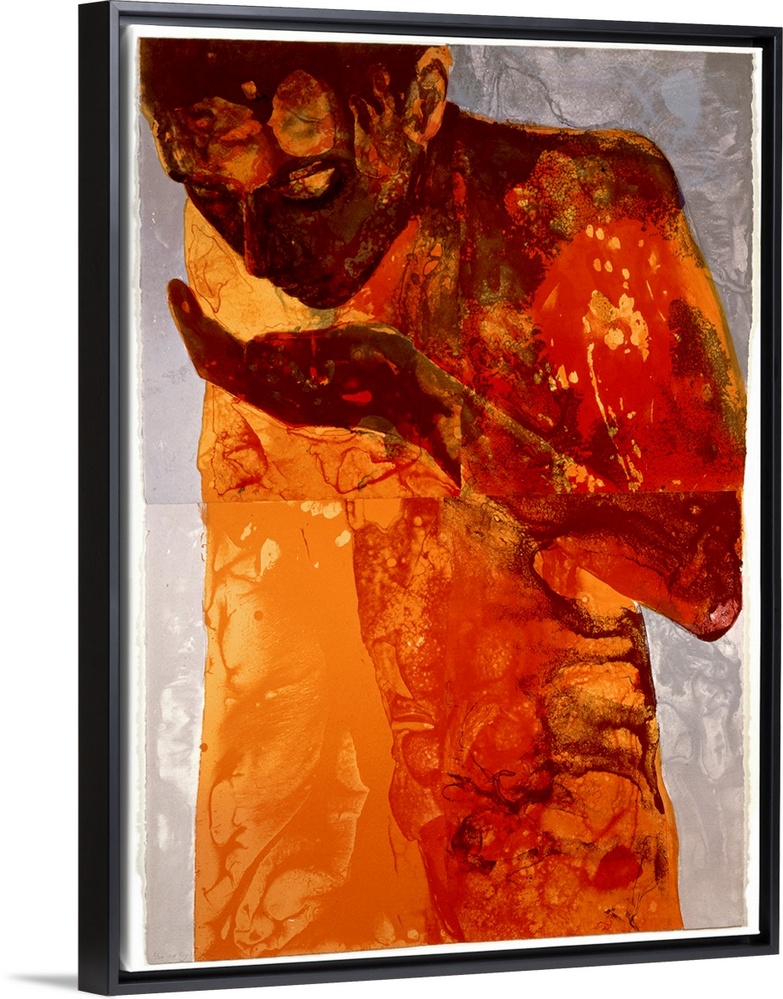 A giclee print on canvas originally from a silkscreen print. An abstracted human figure sips from their hand; the figure i...