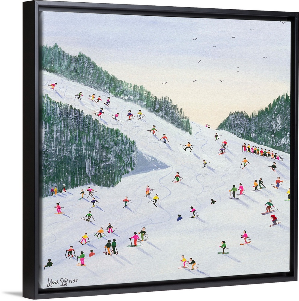 Contemporary painting of several people skiing on a hill in the late afternoon.