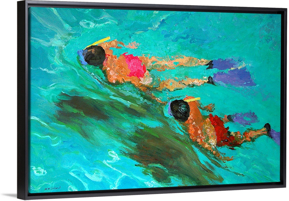 Huge contemporary art shows a man and woman snorkeling through clear water.  As the two people travel further in the water...