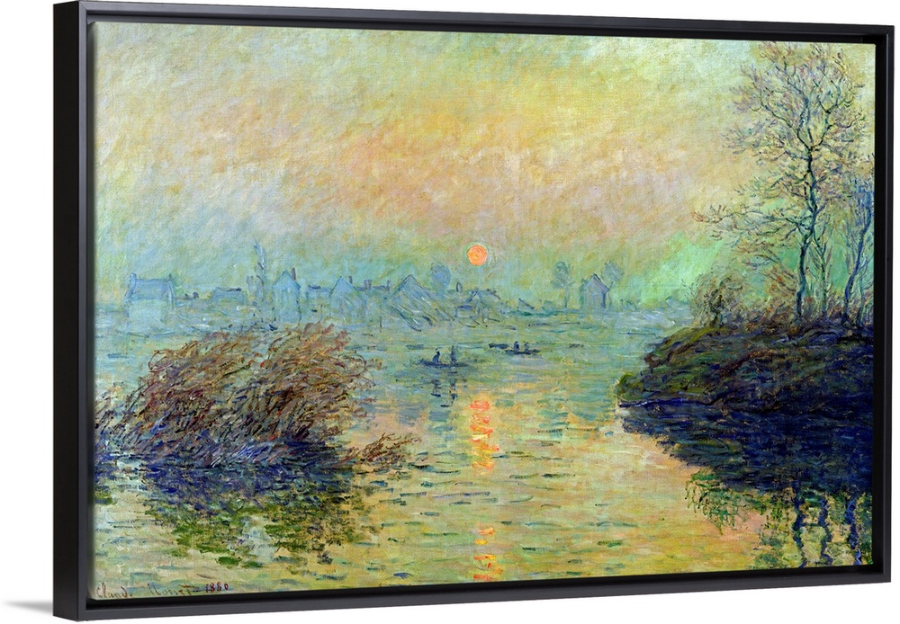 Landscape painting from an Impressionist masterof boats paddling in a river as the sun sets.