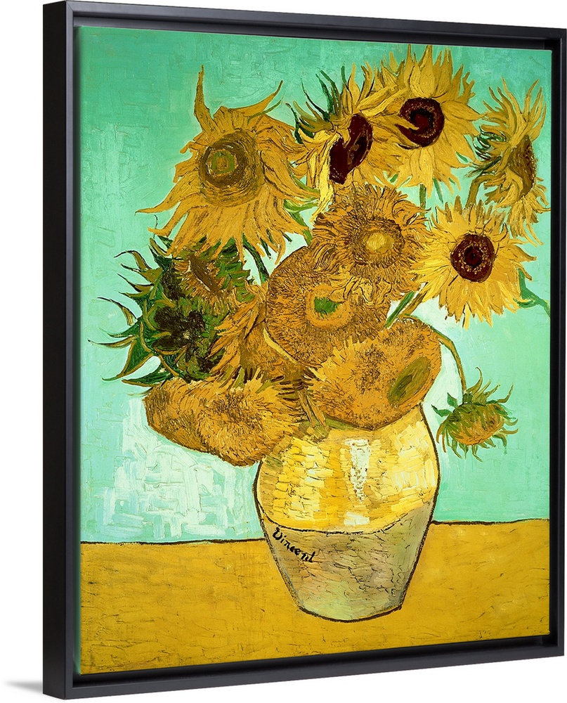 Classic oil painting of warm colored sunflowers in a vase with a cool toned background.