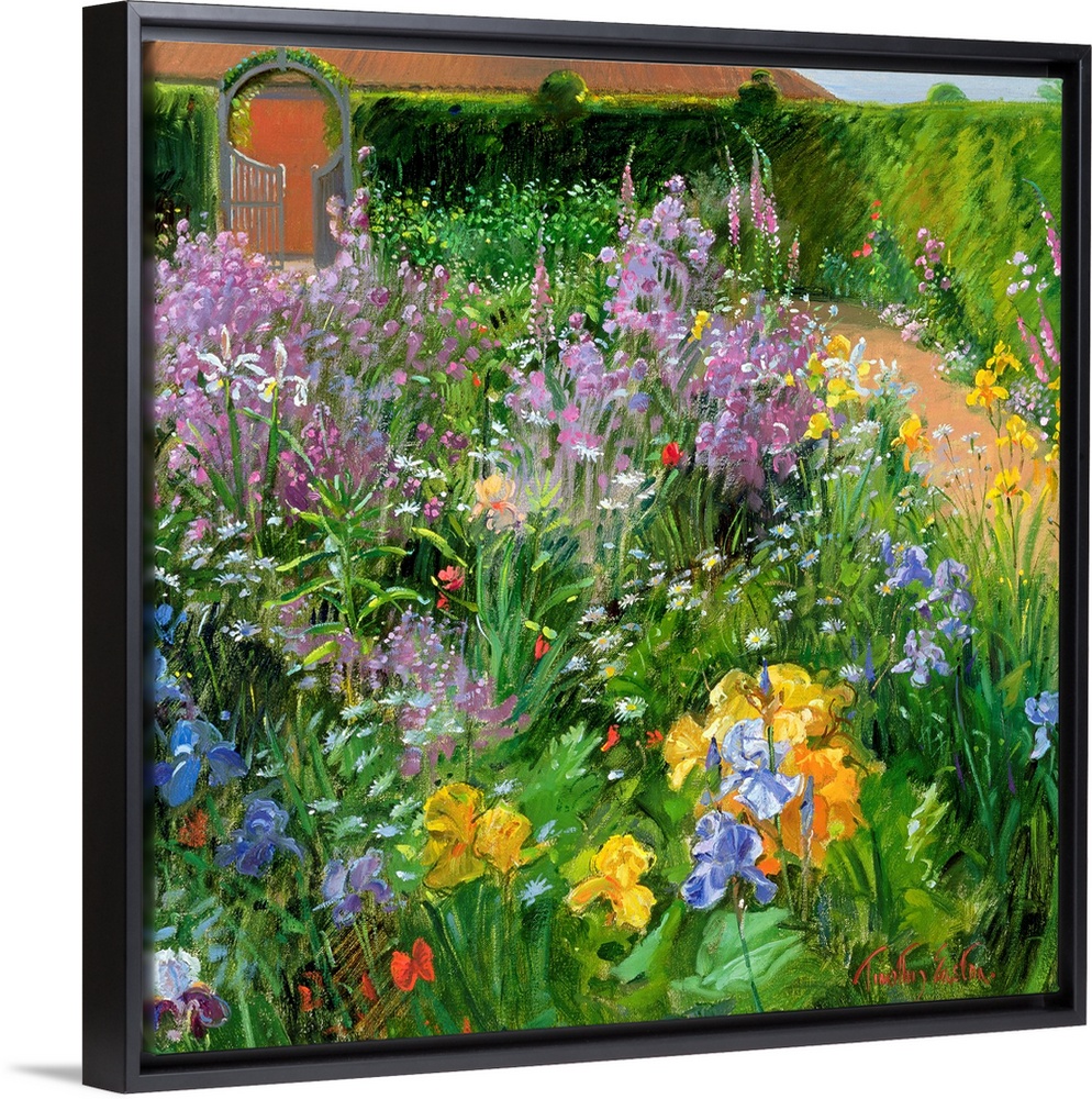 Square painting of different types and colors of flowers planted in a garden.