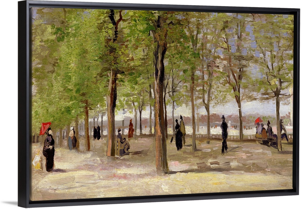 Muted antique painting of people strolling through a wooded park.  Some people are carrying umbrellas and some are sitting...