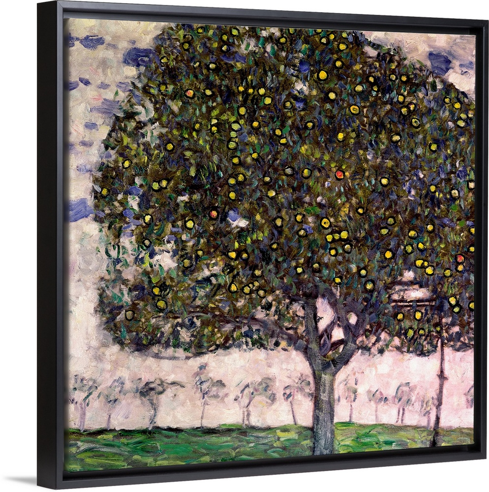 Giant classic art depicts a fruit tree within a field of the foreground set against a background that incorporates a line ...