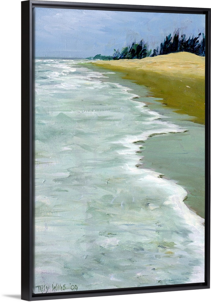 This is a contemporary painting showing waves rocking against the shore of a sandy beach on a vertical wall hanging.