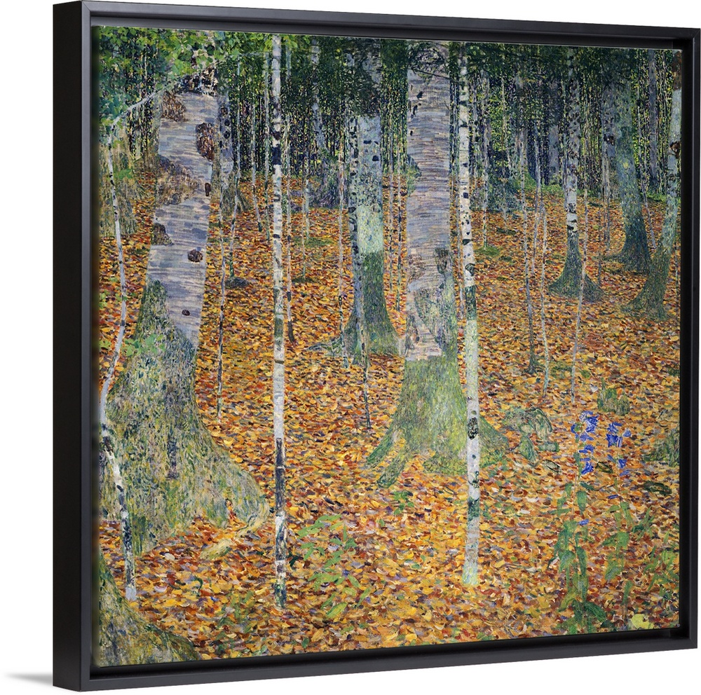A square, modern art painting of a forest floor covered with leaves and moss covered birch trees.