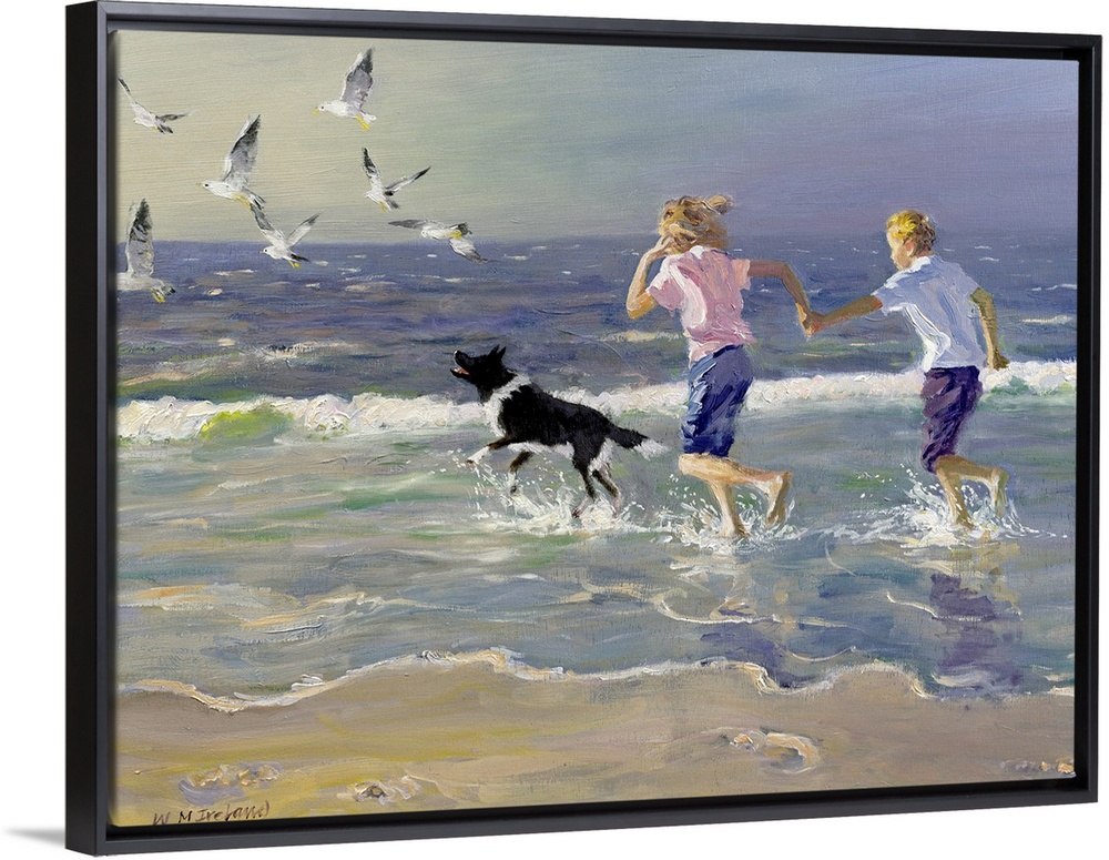 Painting of two children holding hands running on the beach as a dog chases birds in front of them. Cool tones dominate.