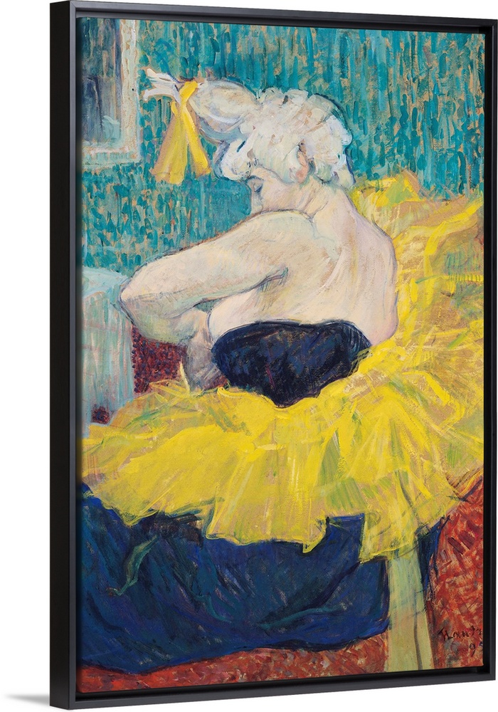 The portrait of a woman is drawn sitting wearing a blue dress with a yellow tutu wrapped around her upper body.