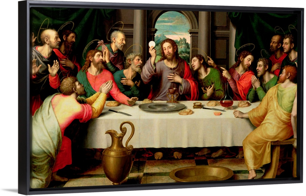 Big classic art depicts the final meal Jesus Christ shared with his Apostles in Jerusalem before his crucifixion.