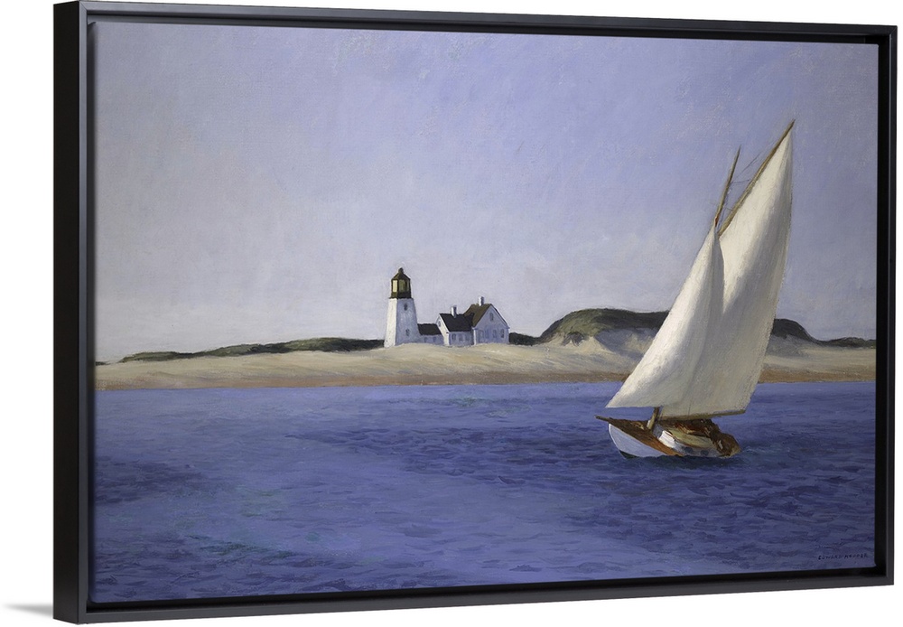 Classic art painting of a sailboat moving gracefully across the water on the New England shore with cool tones and sense o...