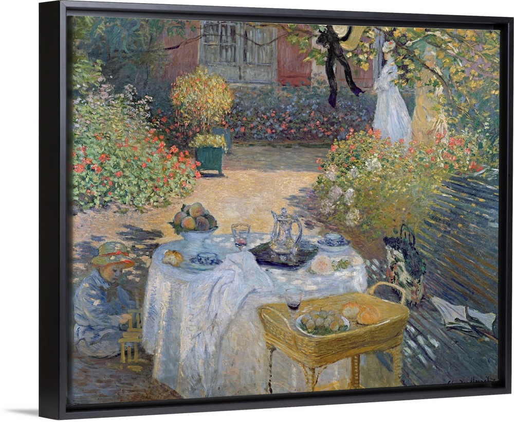 Big classic art showcases a couple of women and a child enjoying an afternoon snack within a courtyard on a sunny day.  Ar...