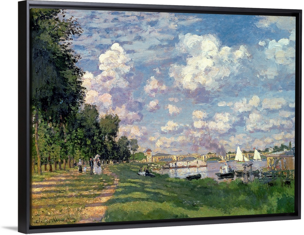 This wall art is a landscape painting of a river scene by an Impressionist master showing a road lined with trees and a ri...