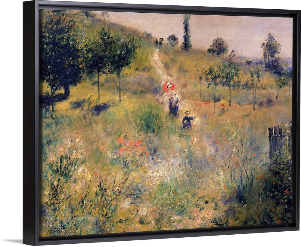 Painting of people walking through a grassy meadow on a narrow dirt road.