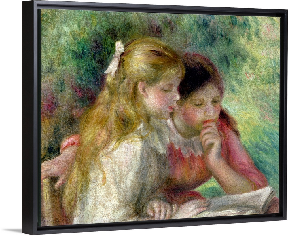 Giant classic art portrays a couple well-dressed young girls studying a book.  Artist places the girls in front of a backg...