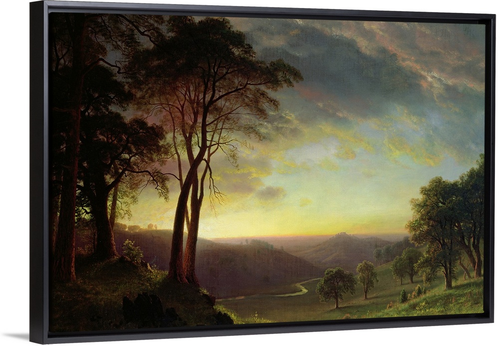 Classic oil painting of the countryside of the Sacramento river valley at sunset.