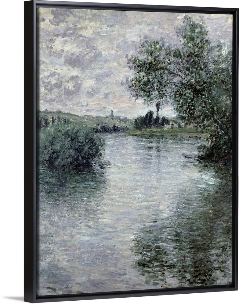 A classic art piece of a body of water that has trees hanging over it and reflecting in it with land shown in the distance...