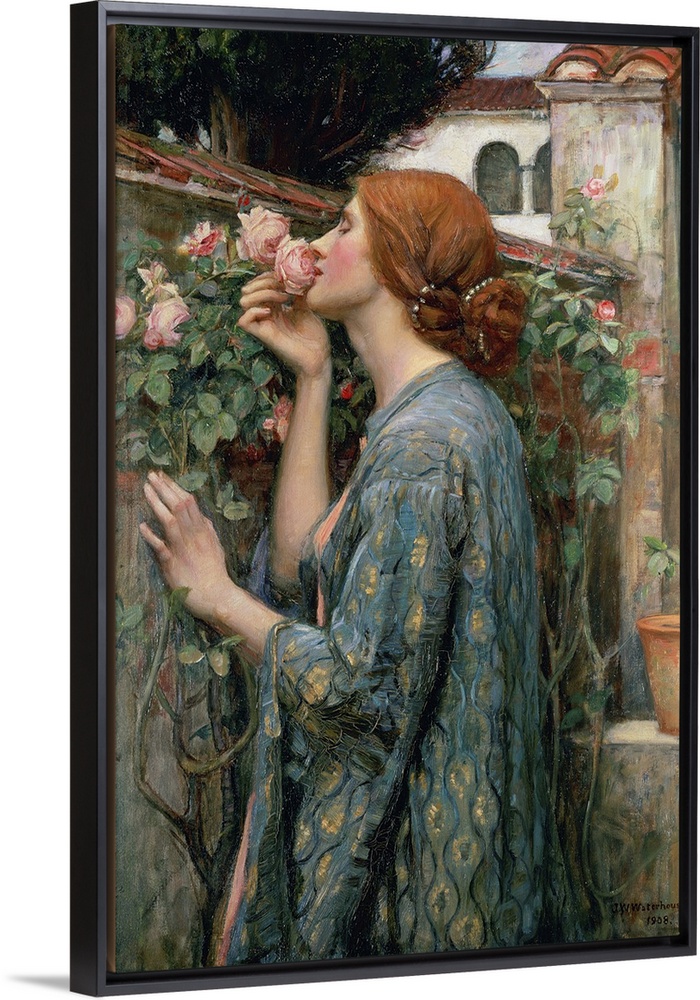 A Pre-Raphaelite painting from the early 20th century of a red haired woman in an embroidered robe inhaling the fragrance ...
