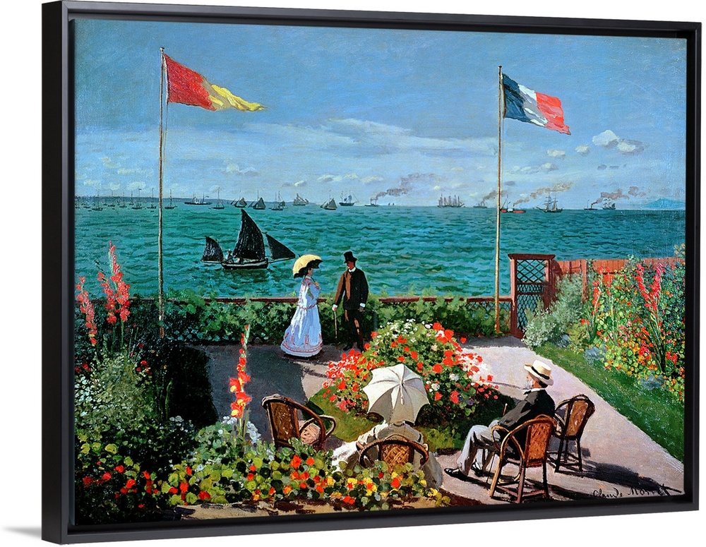 This Impressionist painting shows a man and woman speaking together in a garden where behind them the sea has been painted...