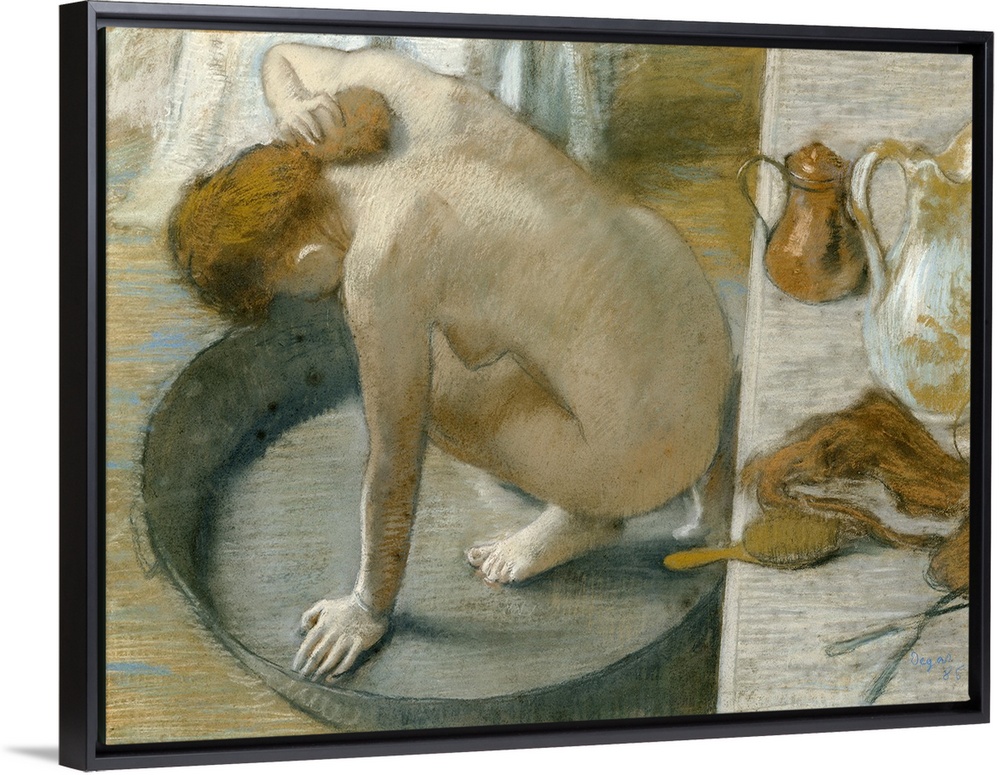 Painting of woman bathing in a small tin pan.