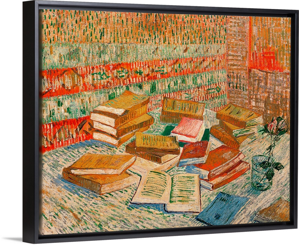 Large classic art portrays a stack of different literature sitting next to a flower in a cup of water on a table.  The wal...