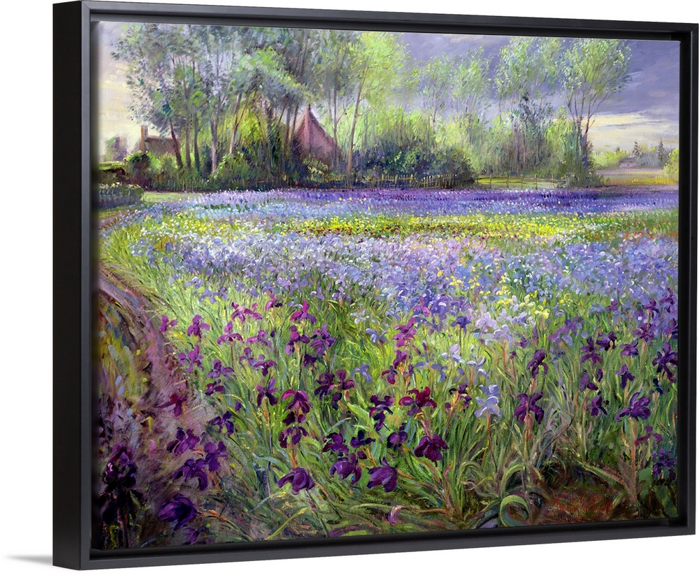 Giant contemporary art focuses on an open landscape packed with brightly colored flowers.  Towards the end of the open are...