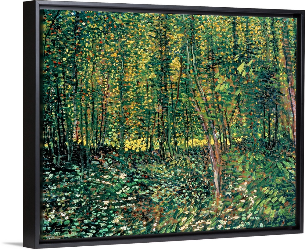Large classic art depicts a lush forest filled with trees and shrubbery through the use of an abundance of warm tones.