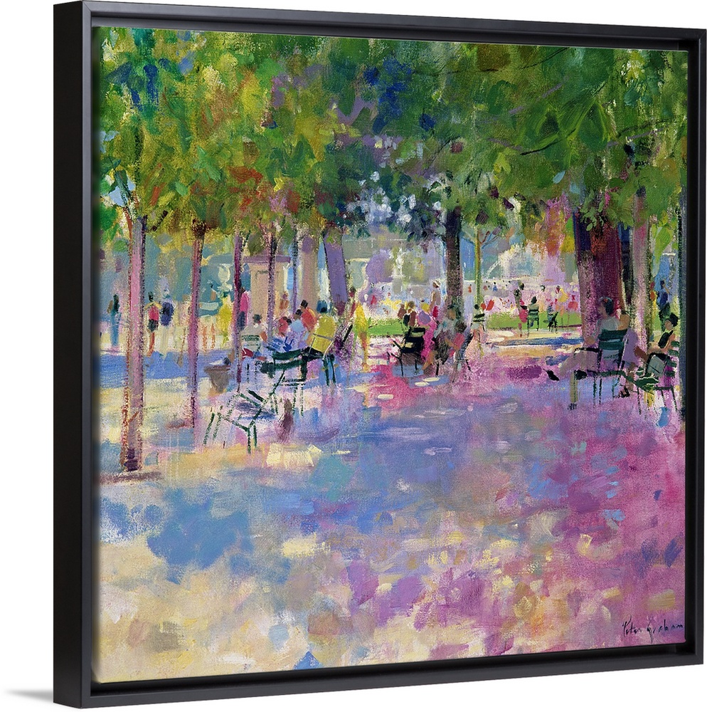 Contemporary painting of park on a sunny day.   There is a wide path lined with huge trees and chairs.  There is a grass m...