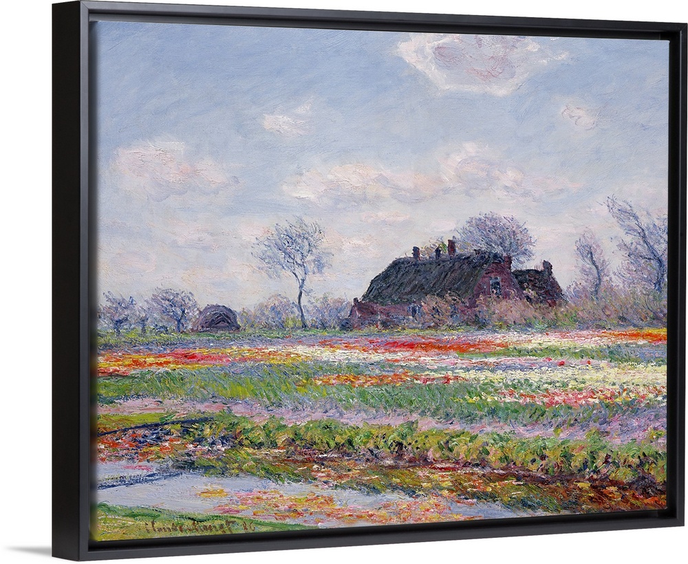 Huge classic art depicts a field in the Netherlands covered in an array of brightly covered flowers.  Within the field is ...